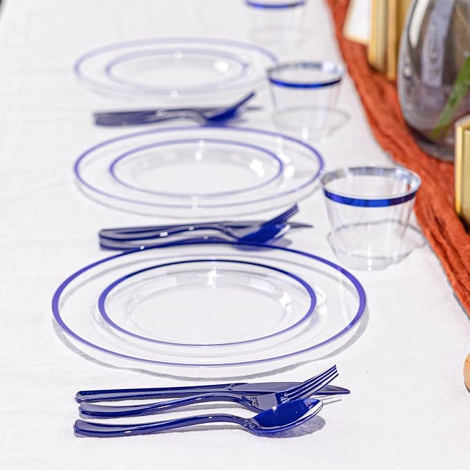 600PCS Clear Blue Plastic Plates, Disposable Dinnerware Set for Party | 100 Guest, 100 Dinner & Dessert Plates, Forks, Spoons, Knives, Cups, Navy Blue, for Wedding, Bridal Shower, Labor Day
