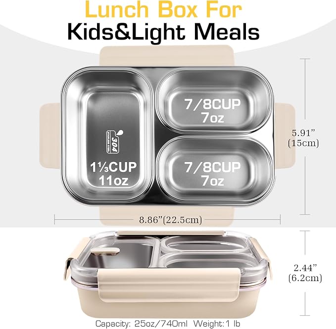 Stainless Steel Lunch Box, 3 Compartments Metal Bento Box for Kids, 25oz Lunch Container with Leakproof Lid, Divided Meal Prep Box for Adults, Kids - Ideal for Office, School, Healthy Eating