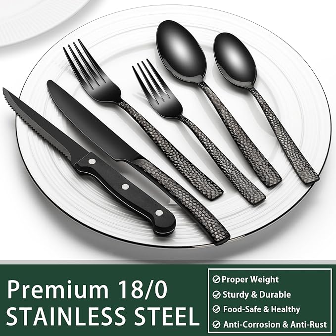 EWFEN 24-Piece Black Silverware Set with Steak Knives, Black Flatware Set for 4, Food-Grade Stainless Steel Tableware Cutlery Set, Mirror Finished Utensil Sets for Home Restaurant, Wave Hammered