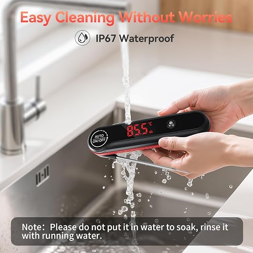 0.3s Instant Read Meat Thermometer, IP67 Waterproof (Red) | Rotating Display, Calibration Function, Ideal for Grill, BBQ, Frying and Kitchen Cooking