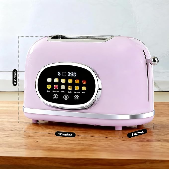 Roter Mond Smart 2 Slice Toaster, Touchscreen, Bagel Defrost, Light Purple | Retro stainless steel, digital timer & sleep mode, 6 bread types & shades, defrost/reheat/cancel,even toasting wide slots
