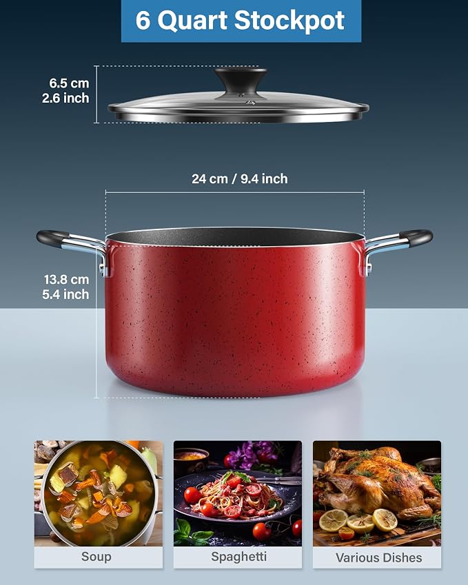 Cook N Home 6 Quart Non Stick Stock Pot with Lid, Large Pots for Cooking | Nonstick Soup Pot, Stockpot Induction Cookware - Oven & Dishwasher Safe, Marble Red