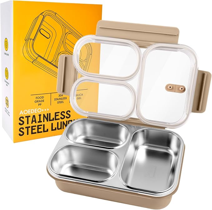 Stainless Steel Lunch Box, 3 Compartments Metal Bento Box for Kids, 25oz Lunch Container with Leakproof Lid, Divided Meal Prep Box for Adults, Kids - Ideal for Office, School, Healthy Eating