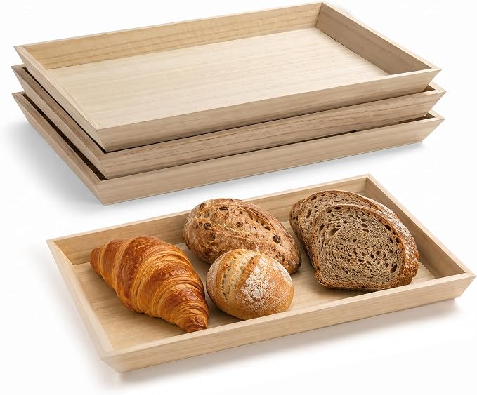 Wooden Serving Trays Set of 4, 15x11x1.25 Inches Natural Wood Serving Tray for Home Decor, Decorative Wooden Trays for Coffee Table, Ottoman, Kitchen Counter, Dining Table & Organization