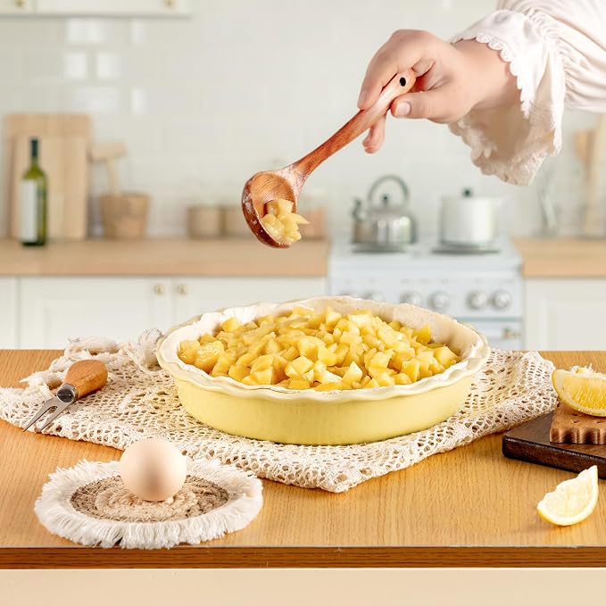Ceramic Pie Pan for Baking 10 inch, Pie dish for Quiche, Apple Pie, Pot Pies, Deep dish pie plate with ruffled edges, Non-stick Cake Pan, Microwave,Dishwasher,and Oven Safe, Butter Yellow