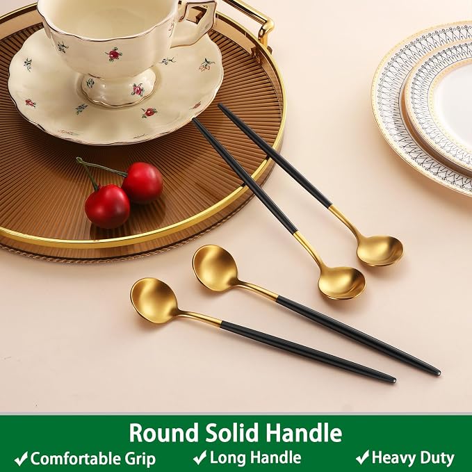 DEHOV 7.95 Inches Satin Gold SS18/10 Long Stirring Spoons With Black Handle,Elegant Iced Tea Spoons,Long Handle Mixing Spoons For Coffee,Cocktail,Ice Cream,Milk