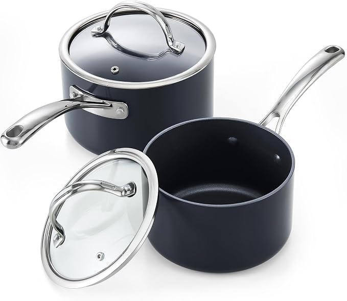 Cooks Standard Classic 2 Quart and 3 Quart Nonstick Saucepan Set with Glass Lids, Hard Anodized Non Stick Sauce Pans, Small Kitchen Cooking Sauce Pots Milk Pans, Dishwasher Safe Cookware, Black