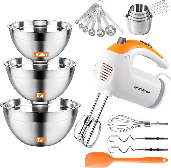 300W 5-Speed Hand Mixer with 3 Bowls & Accessories for Baking | Complete Kitchen Cake Mixer Includes Paddle, Dough Hook, Whisk, Measuring Cups & Spoons – Nesting Bowls Space-Saving Design