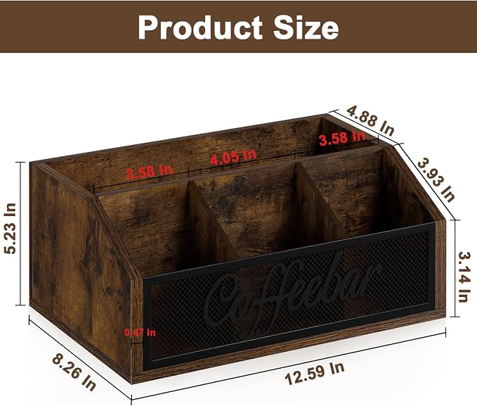 YINMIT Coffee Station Organizer for Countertop, Wood Coffee Bar Organizer with Removable Dividers for Pods, Syrup, Cups, Stirrer, Tea - Office Coffee Bar Accessories, Iron Mesh-Vintage Brown