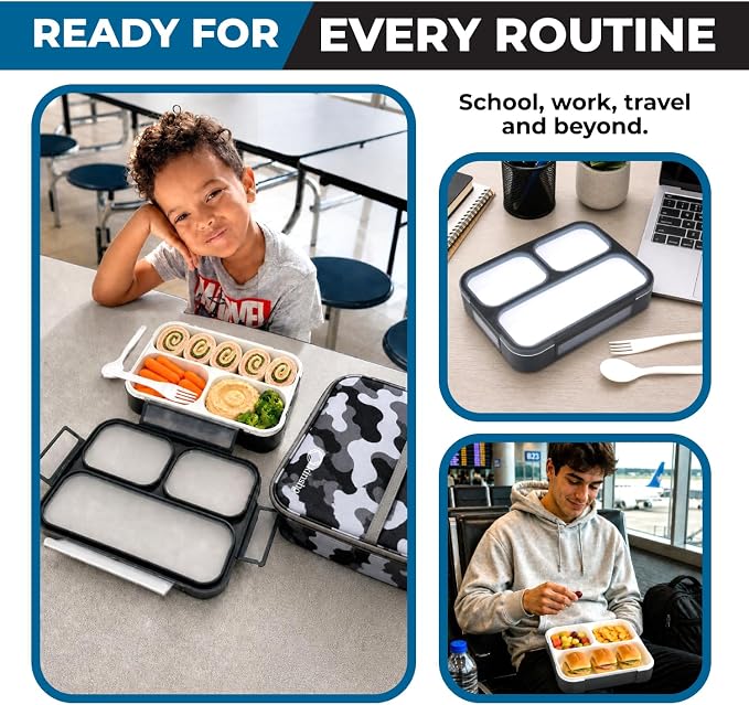 Bento Lunch Box For Adults and Kids, 3 Compartment Food Container for Work, School, Slim Modern Meal Prep Portion Control Boxes Japanese Style, Fits Sandwich, Ideal for Boys Teens, Grey - Black