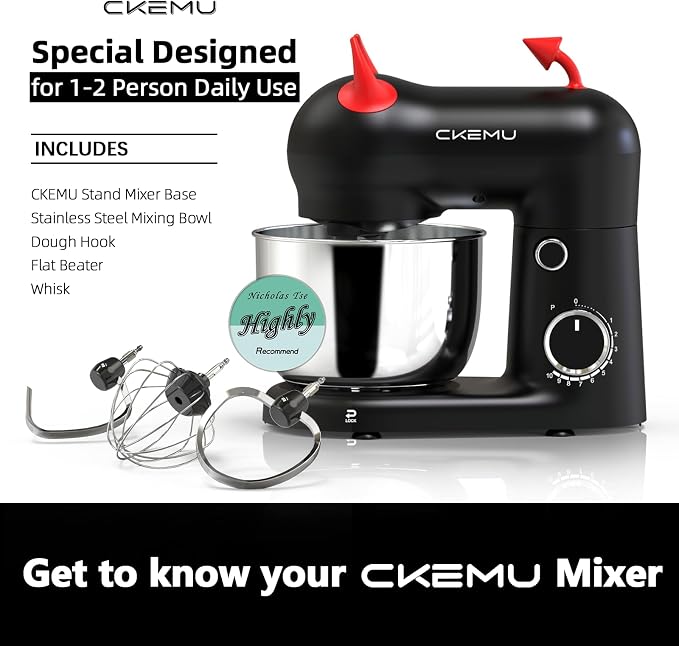 Stand Mixer, Compact & Space-Saving, Stainless Steel Bowl, Unique & Playful Design, Effcient 300W Motor, Dishwasher-Safe Attachments, SM-2549A (Black)