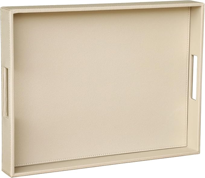 HofferRuffer Rectangle Serving Tray with Hole Handles for Coffee Table, Breakfast, Tea, Food, Butler - Countertop, Kitchen, Vanity Serve Tray, 16.2 x 12.2 x 2 inches, Faux Leather (Dark CreamWhite)