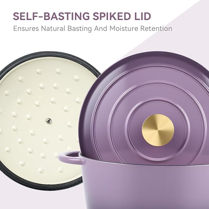 Miereirl 6 Quart Enameled Dutch Oven Pot with Lid, Cast Iron Dutch Oven with Dual Handles for Bread Baking, Cooking, Non-stick Enamel Coated Cookware, Purple