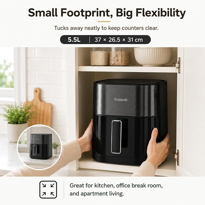Fullwill 6Qt Air Fryer with Window, Dual Heating, 14-in-1/12 Presets (Wings, Steak, Fries, Pizza), 392°F, 1700W, Nonstick & Dishwasher-Safe Basket, PFOA-Free, Oil-Free Fast Cooking