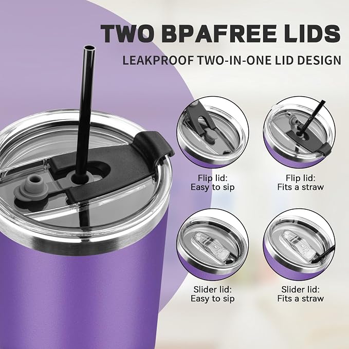 30 oz Tumbler with Lids and Straws, Stainless Steel Insulated Coffee Tumbler, Double Wall Vacuum Insulated Travel Mug Cup, Leakproof Thermal Coffee Cup for Hot and Cold Drinks (Purple)