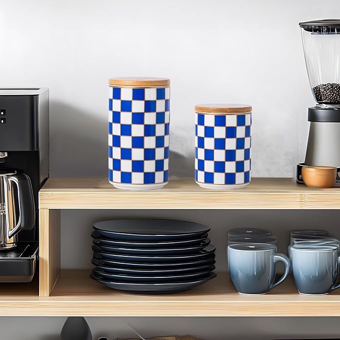 Kitchen Countertop Ceramic Checkered Canisters,Black And White Food Storage Containers With Lid,Airtight Kitchen Canisters for Flour, Sugar, Coffee, Tea, and Dry Goods (Blue, Large)