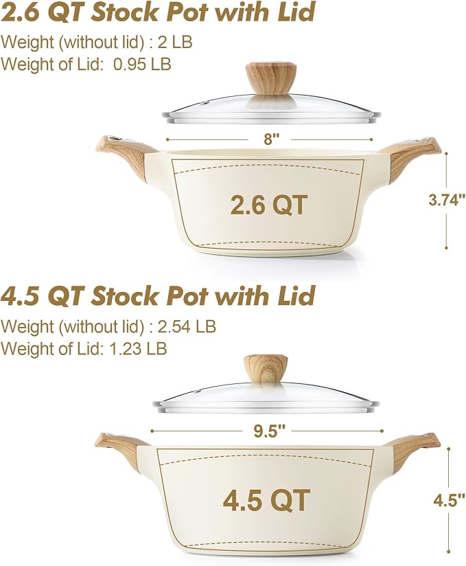 SENSARTE Ceramic Nonstick Stock Pot with Lid, 2.6+4.5 QT Soup Pot Set Casserole Pot, Non-toxic Healthy Pasta Pot, Large Cooking Pot Stew Pot, Induction Compatible, PFOA PFAS PTFE Free, White