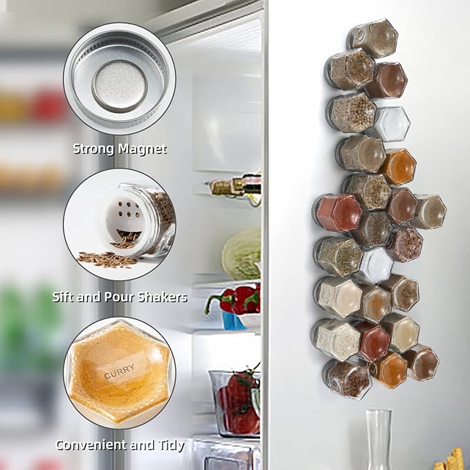 Homazing Set of 24 Hexagon Glass Spice Jars with Shaker Lids and Labels for Refrigerator, Kitchen, RV Travel Trailer Magnetic Containers