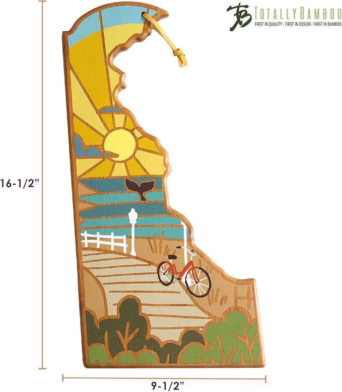 Totally Bamboo Delaware State Shaped Cutting Board, Summer Stokes Art | State charcuterie board with colorful hand-drawn landscape art. Smooth reverse side for food prep. Hang tie for wall display.