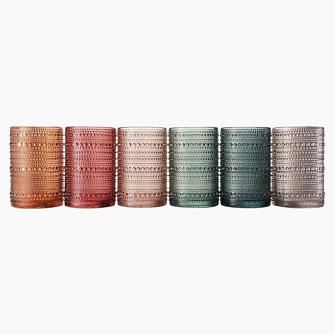 Khen Hobnail Beaded Highball Drinking Tumbler Glasses | Set of 6 | Color, Vintage Bubble Design Whiskey Glassware, Old-Fashioned, Embossed Design for Water, Wine, Cocktail Embossed, Rocks Glass