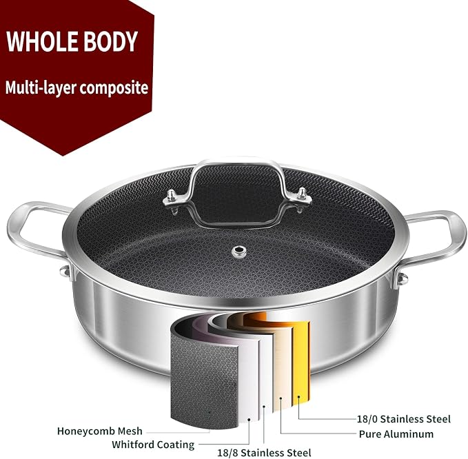 LOLYKITCH 6-Quart Deep Skillet with Lid | 12 Inch | 4-6 Servings | Hybrid Nonstick | Tri-Ply Stainless Steel | Large Frying Pan | Saute Pan | Jumbo Cooker | Oven & Induction Ready