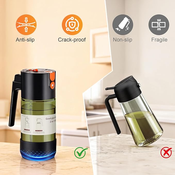 2-IN-1 Oil Sprayer for Cooking with 8 Stickers Light-Blocking Dark Glass Olive Oil Dispenser Bottle for Kitchen 500ml/16.9oz Oil Mister for Air Fryer, BBQ,Salad Even Spray with Portion Control-2PC