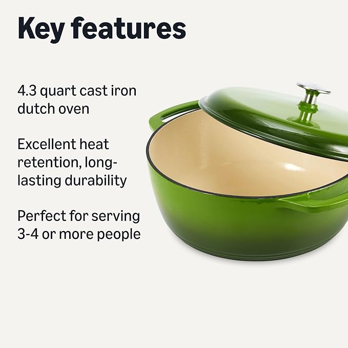 Amazon Basics Enameled Cast Iron Dutch Oven Pot with Lid, Round, Dual Handles, Heavy-Duty, Oven Safe for Stews, Roasting, Baking, 4.3-Quart, Small, Green