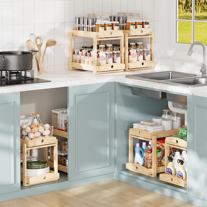2 Pack Bamboo Under Sink Organizer, 2-Tier Sliding Drawers for Cabinets | Pull-out drawers keep cleaners and tall bottles visible, organized and easy to reach in kitchen or bathroom cabinets