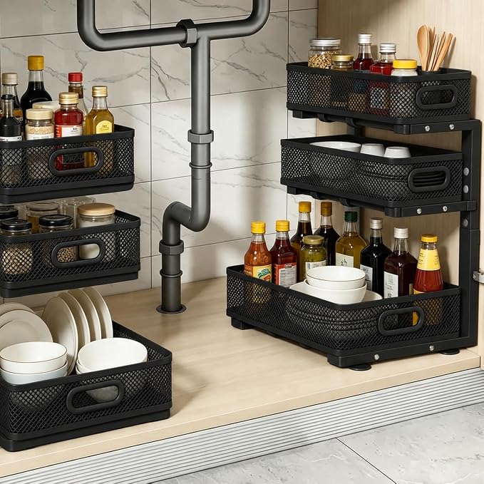 2 Pack 3 Tier Under Sink Organizer with Pull Out Drawer, Height Adjustable Heavy Duty Metal Under Cabinet Organizer, Smooth Sliding Storage Shelf for Kitchen, Bathroom Cabinet Organization, Black
