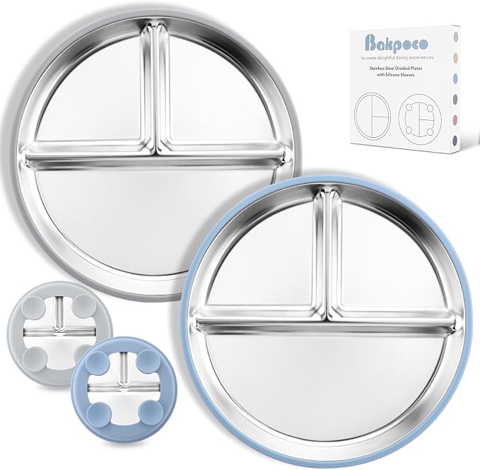 Bakpoco Stainless Steel Toddler Plate with Suction, 9” Divided Plates with Removable Silicone Sleeves for Kids, Non Toxic & BPA Free | Non Slip | Unbreakable Baby Snack Dishes Set of 2, Blue & Gray