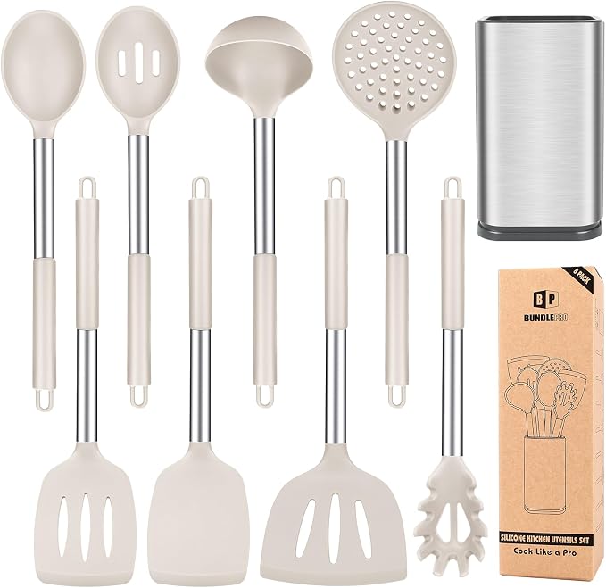 Silicone Cooking Utensils Set, 8 Pcs Kitchen Utensils with Holder, Khaki | BPA Free and Heat Resistant, Kitchen Tools for Non Stick Cookware include Spatulas, Turners, Spoons, Skimmer and Pasta Fork
