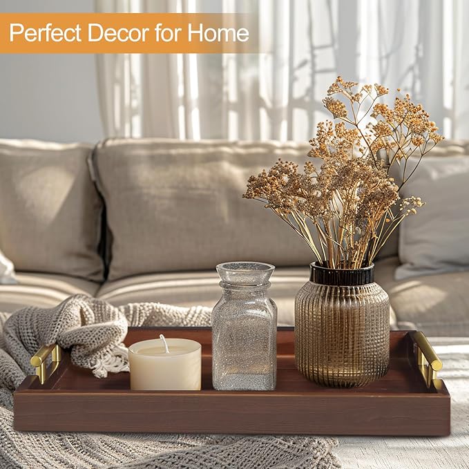 SXNOWS Large Wooden Serving Tray with 2 Sets of Handles,Dark Brown | Rectangle 16.5x13 Inch Ottoman Decorative Tray for Coffee Table Kitchen Bar Living Room Breakfast in Bed, 4 Coasters Included
