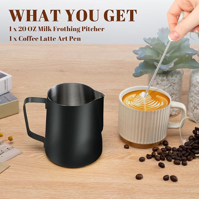 Amrules Milk Frothing Pitcher, 20oz Milk Frother Cup with Clear Scale, 304 Stainless Steel Cappuccino Espresso Machine Accessories for Barista Coffee Bar with Latte Art Pen, Black
