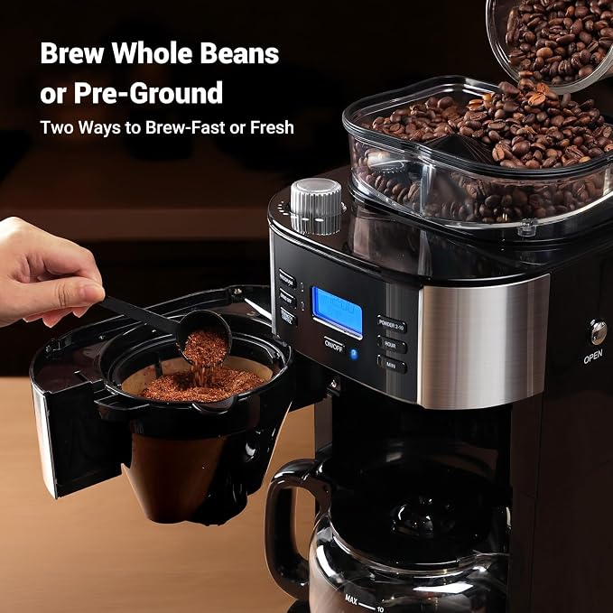 Gevi 10-Cup Grind-And-Brew Drip Coffee Maker with Built-In Burr Grinder | Programmable Timer, 1.5L Water Tank, 2-Hour Auto Keep-Warm, Durable Reusable Permanent Filter for Daily Coffee Brewing