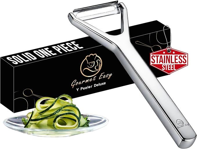 Gourmet Easy Stainless Steel Vegetable Peeler, Ultra Sharp Dual Blades | Easily Peeling and Slicing Fruit & Food, One-Piece Design No Trapped Water, Dishwasher Safe, Backed by a 5-Year Warranty