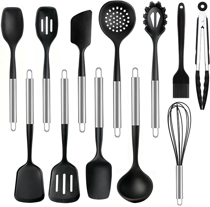 12PCS Silicone Kitchen Utensil Set, Stainless Steel Handled Cooking Tools | Spatula Turner Spoon Ladle Set | BPA Free | Heat Resistant & Non-Scratch for Nonstick Cookware | Dishwasher Safe | Black