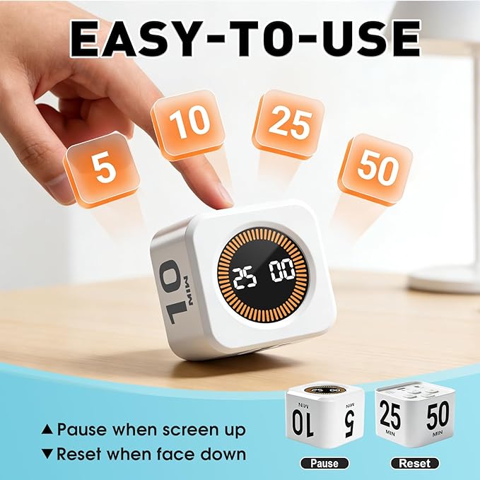 Pomodoro Timer Cube for Productivity — 5/25/10/50 Minutes Preset, Digital Gravity Sensor Desk Visual Timer for ADHD, Silent Mode, Ideal for Office, Study, Kitchen & Kids (White)