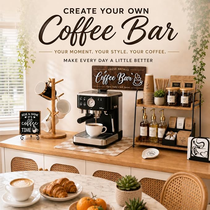 7 PCS Coffee Bar Accessories Set, Farmhouse Coffee Station Organizer Kit | Kitchen Coffee Table Decor for Countertop, Napkin Mug Holder Spoon Rest Tray Mat Sign, Kitchen Home Decor Gifts for Men Women