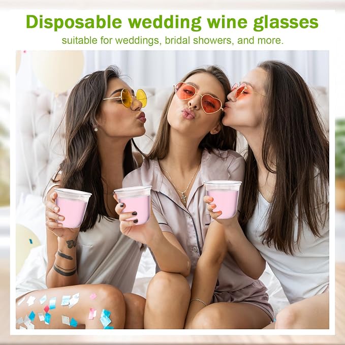 Ziliny 100 Pcs 10oz Plastic Stemless Wine Glasses Disposable, Clear | Plastic Wine Glasses for Parties Weddings Birthdays, Cocktail Drinking Cups, Round Bowl, Bulk Event Supplies