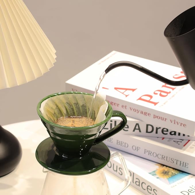 Ceramic Pour Over Coffee Dripper includes 50 Filters Porcelain Coffee Maker 01 Hand Drew Brewing Pottery Green Portable Artisanal Manual Gift for 1-2 People Home, Office, School, Camping