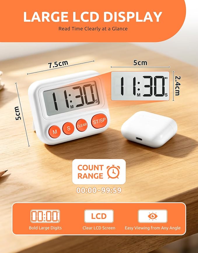 Digital Kitchen Timer, Magnetic Countdown Timer with Large LCD Display | Loud, Low & Silent Alarm Modes,Count Up & Countdown,Strong Magnet,Foldable Stand,Hole for Cooking, Study & Daily Tasks