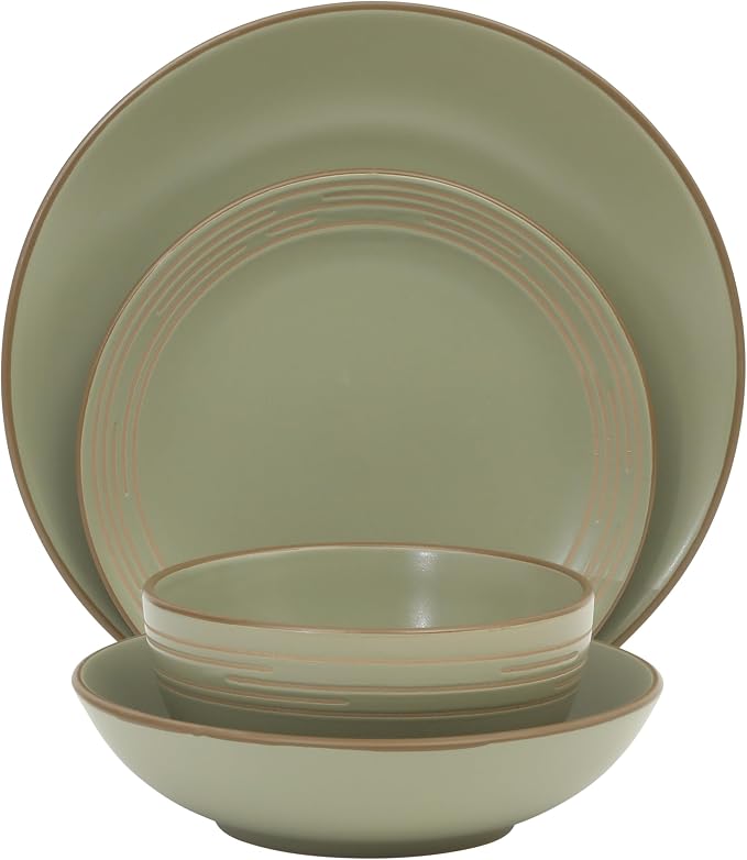 Gibson Home Chiswick House 16-Piece Stoneware Dinnerware Set, Round Plates and Bowls Set for 4, Green with Wax Relief Embossed Rim Detail, Dishwasher Safe – Dinner Plate, Salad Plate & Cereal Bowl