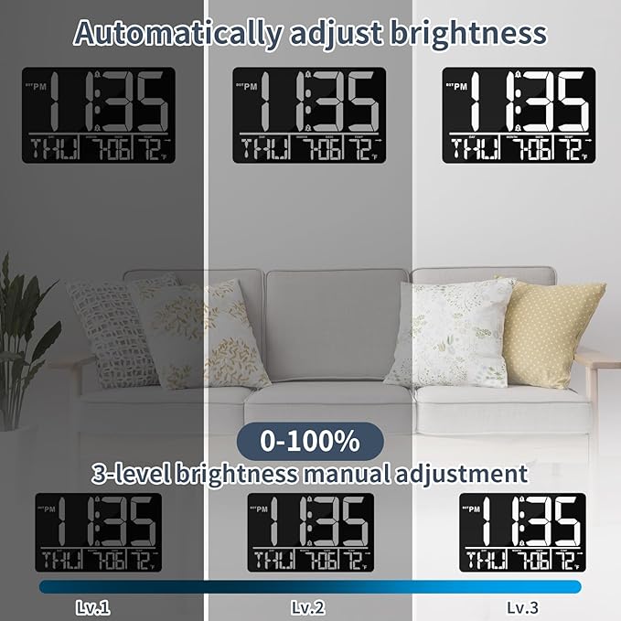 PERSUPER 13" Digital Wall Clock Large Display with Remote, Temp & Timer | Auto Dimming, 12/24H, DST, Calendar, 25 Ringtones, for Living Room, Kitchen, Bedroom, Office & Elderly