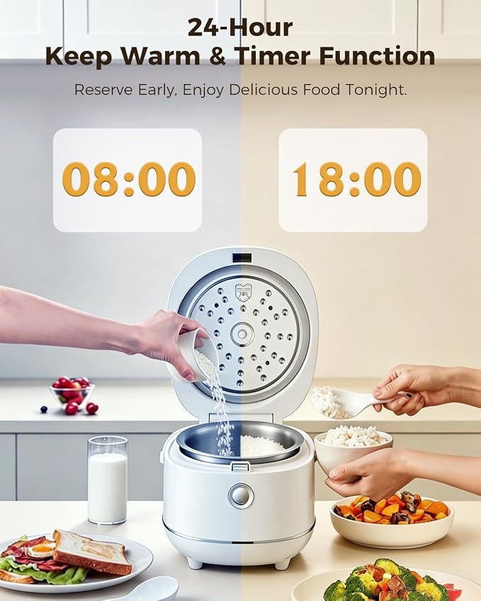 Novaspark Stainless Steel Rice Cooker Small 6 Cup (Uncooked) / 12-Cup (Cooked) with Stainless Steel Inner Pot, Compact Mini Rice Cooker Small Kitchen, Low Carb Rice Maker, 24H Timer and Auto Keep Warm