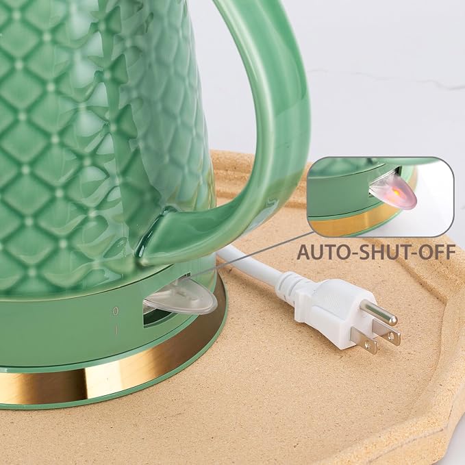 1.5L Ceramic Electric Kettle, 1200W Fast Boil Retro Tea Pot with LED Light, BPA-Free Porcelain Cordless Water Boiler, Auto Shut-Off & Boil-Dry Protection, Green Relief Carving