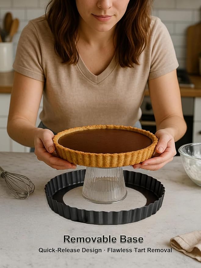 11 Inch Quiche Pans with Cake Server. Removable Bottom, Non-Stick Coating, Rugged Carbon Steel for Tart Quiche Pie Baking. Gift for Women Wife Christmas Thanksgiving Party Festival Family