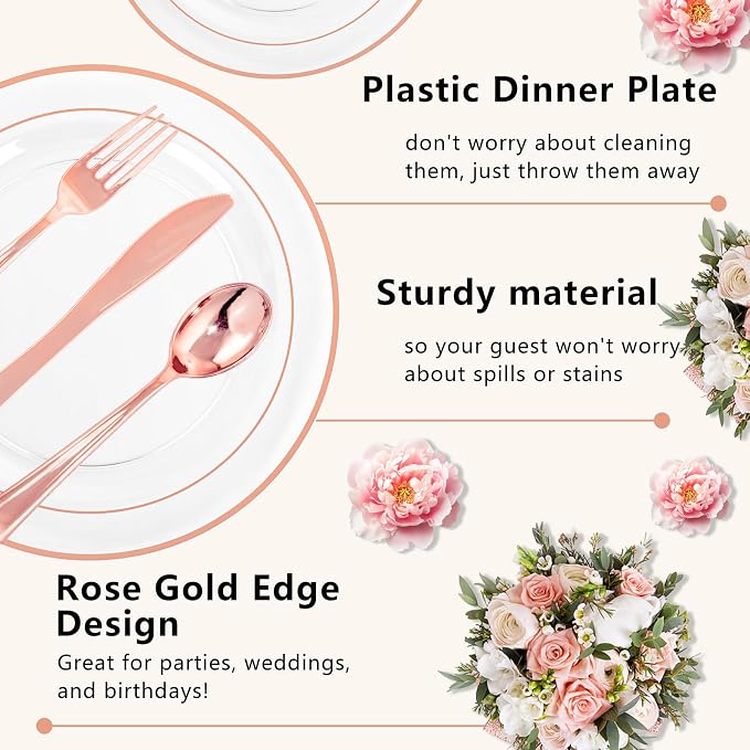 GATHER 350PCS Clear Rose Gold Plastic Plates for Wedding and Party | Rose Gold Disposable Dinnerware include 100 Plastic Plates, 150 Silverware, 50 Napkins, 50 Cups for Baby Shower Bithday