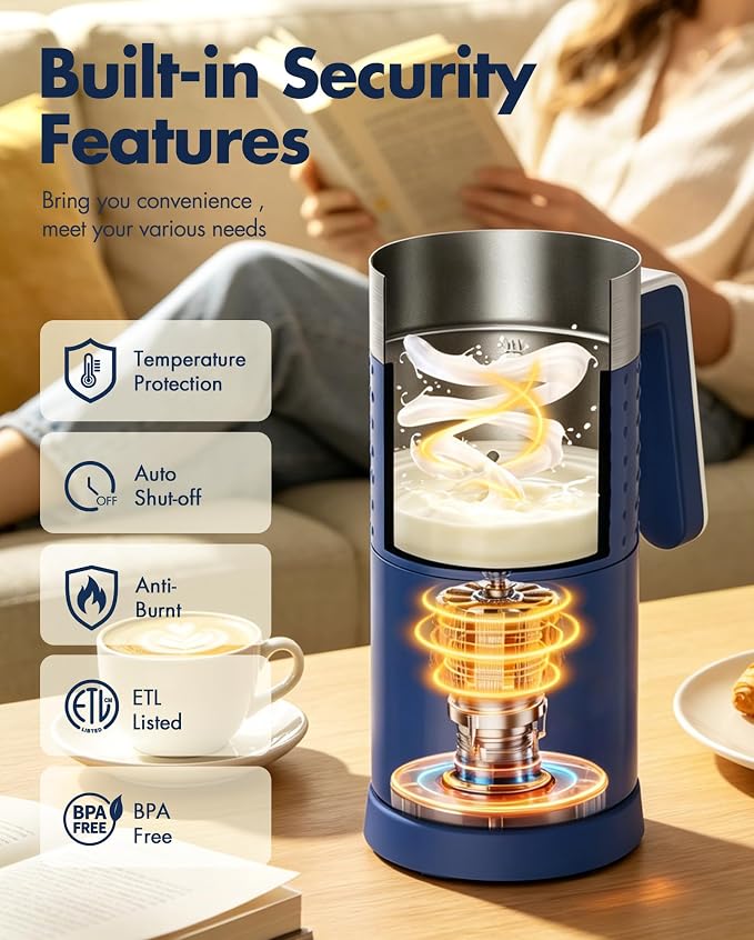 Milk Frother Electric 4 in 1: 10oz/350 mL Large Capacity Electric Milk Steamer for Hot and Cold Milk Froth - Automatic Milk Frother & Warmer for Latte, Cappuccinos, Macchiato, Hot Chocolate-Blue