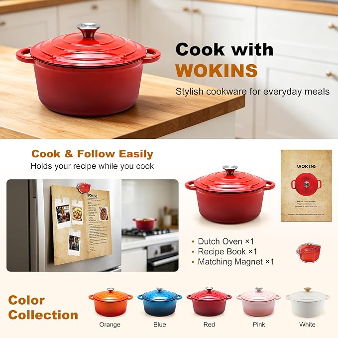 4-QT Enameled Cast Iron Round Dutch Oven With Lid,Oven safe,Red | Small enameled cast iron Dutch oven,Retains moisture,PFAS-free,500°F,sourdough,braising/stews/roasting,Housewarming Gift
