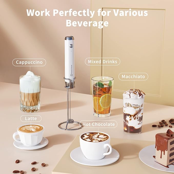 Maestri House Rechargeable Milk Frother,Stand & 3 Detachable Whisks | Lunafro Plus 8000RPM Turbo Motor, 1200mAh lithium battery, Handheld Milk Frother for, Cappuccino, Matcha & Protein Powder